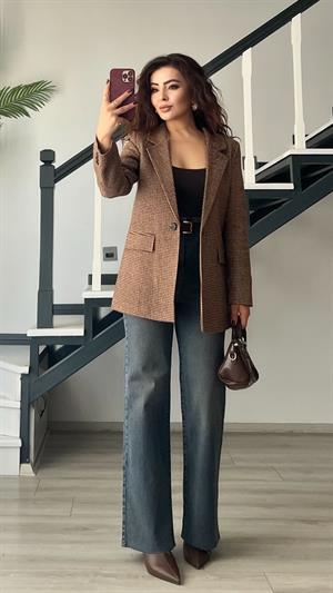 Kahve Kazayağı Tek Düğme Blazer Ceket