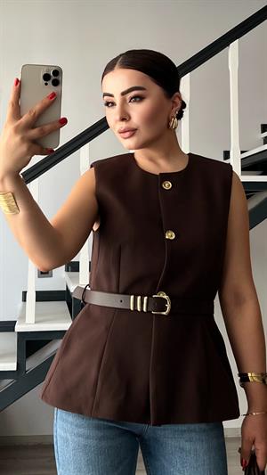 Kahve Kemerli Gold Düğme Duble Crep Yelek
