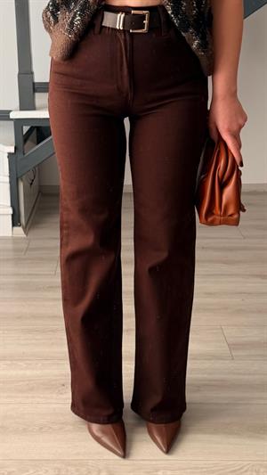 Kahve Kemerli Likralı Wide Leg Jean