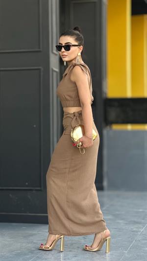 Coffee Brown Linen One-Shoulder Blouse and Skirt Set