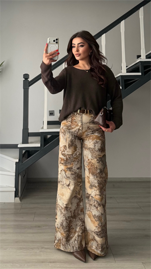 Kahve-Krem Etnik Desen Flare Pantolon