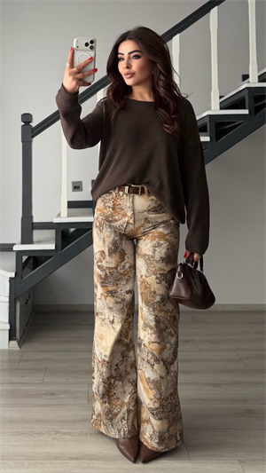 Kahve-Krem Etnik Desen Flare Pantolon