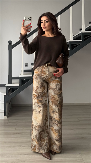 Kahve-Krem Etnik Desen Flare Pantolon