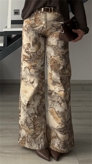 Kahve-Krem Etnik Desen Flare Pantolon