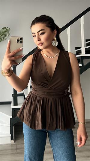 Kahve Kuşaklı Poplin Bluz 
