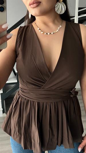 Kahve Kuşaklı Poplin Bluz 