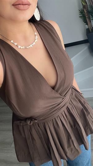 Kahve Kuşaklı Poplin Bluz 