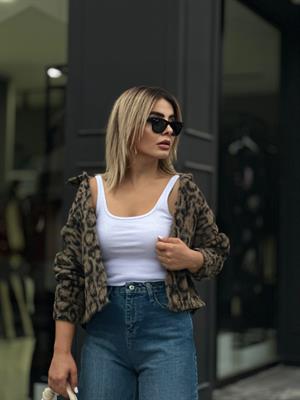 Kahve Leopar Desenli Polo Yaka Ceket 