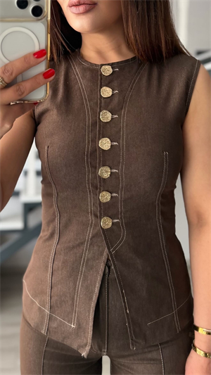 Kahve Likralı Gold Düğme Yelek-Pantolon Takım