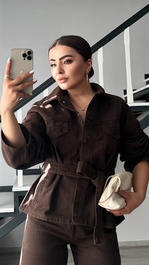 Kahve Marka Model Belden Bağlamalı Denim Takım
