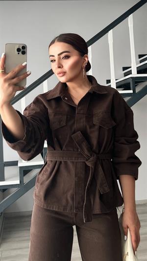 Kahve Marka Model Belden Bağlamalı Denim Takım