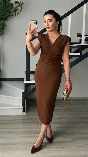 Kahve Marka Model V Yaka Önü Drapeli Midi Elbise