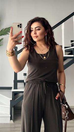 Kahve Modal Kumaş Atlet-Pantolon Takım