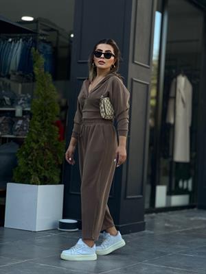 Kahve Modal Kumaş Kapüşonlu Takım