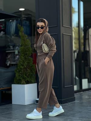 Kahve Modal Kumaş Kapüşonlu Takım