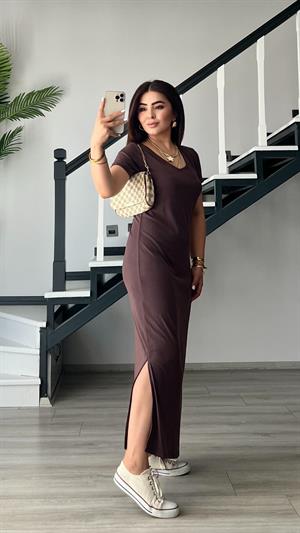 Kahve Modal V Yaka Yırtmaçlı Elbise