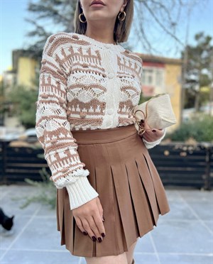 Kahve Pliseli Astarı Şortlu Etek