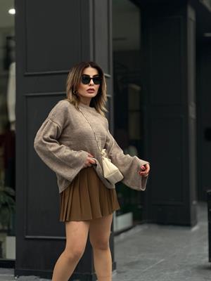 Kahve Premium Pileli Mini Etek
