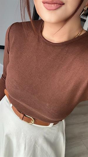 Kahve Sıfır Yaka Yarı Transparan Bluz 