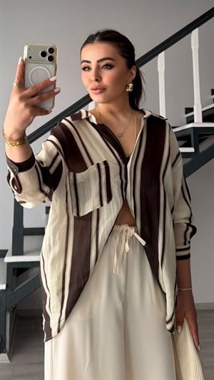 Kahve-Taş Çizgili Tencel Oversize Gömlek