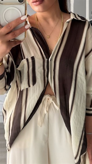 Kahve-Taş Çizgili Tencel Oversize Gömlek
