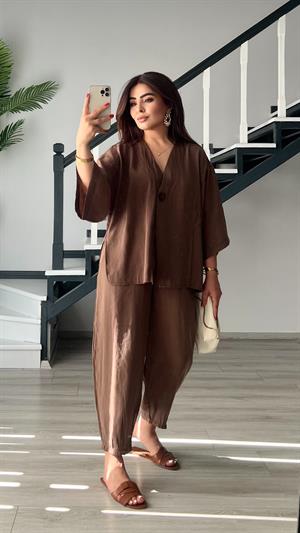 Kahve Tek Düğme Bluz-Pantolon Takım