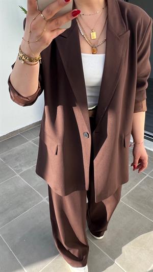 Kahve Tek Düğme Oversize Blazer Ceket