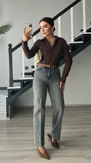 Kahve Tintli Kemerli Likralı Kesik Paça Premium Jean