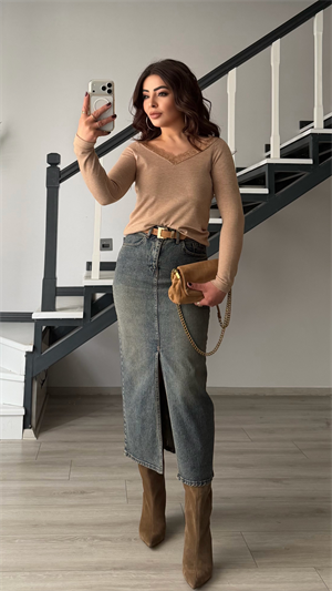 Kahve Tintli Kemerli Likralı Midi Denim Etek