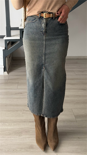 Kahve Tintli Kemerli Likralı Midi Denim Etek