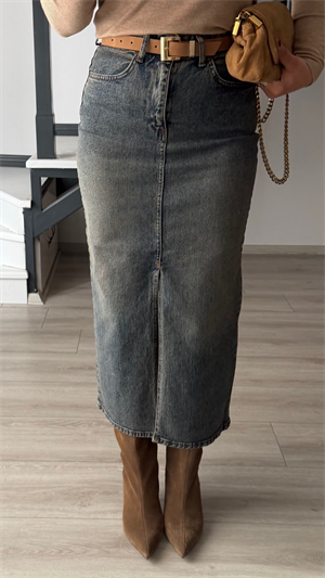 Kahve Tintli Kemerli Likralı Midi Denim Etek