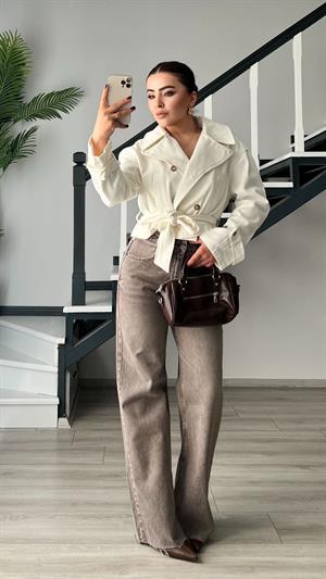 Kahve Tintli Paça Kesik Wide Leg Jean