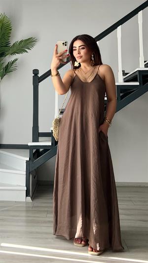 Kahve Tnsel Ayarlanabilir Askılı Cepli Elbise
