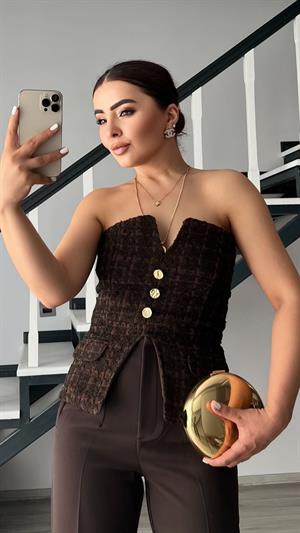 Kahve Tüvit Gold Düğme Büstiyer