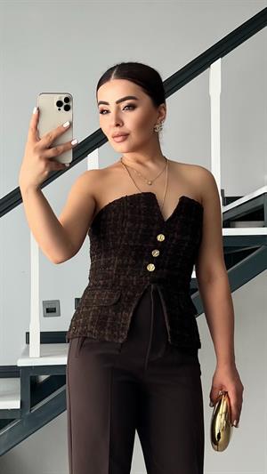 Kahve Tüvit Gold Düğme Büstiyer