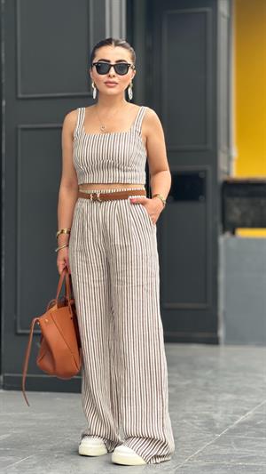 Brown Linen Striped Crop Pants Suit