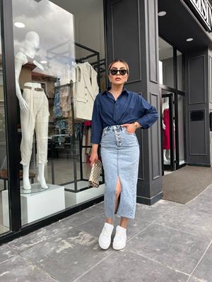 Kar Yıkama Önü Yırtmaçlı 5 Düğme Denim Etek