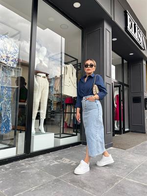 Kar Yıkama Önü Yırtmaçlı 5 Düğme Denim Etek
