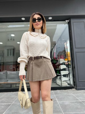 Belted Double Pleated Mini Short Skirt