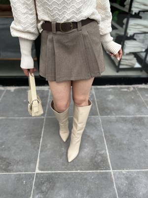 Belted Double Pleated Mini Short Skirt