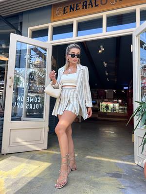 Linen Striped Jacket-Shorts Skirt Set