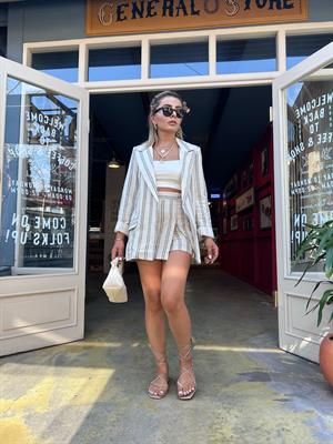 Linen Striped Jacket-Shorts Skirt Set