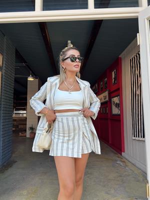 Linen Striped Jacket-Shorts Skirt Set
