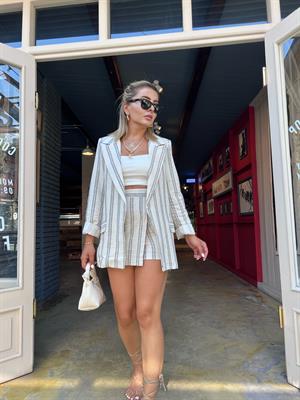 Linen Striped Jacket-Shorts Skirt Set