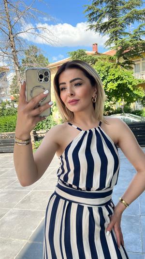 Keten Çizgili İp Askılı Elbise 