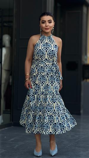 Linen Patterned Dress with Lace-Up Neckline