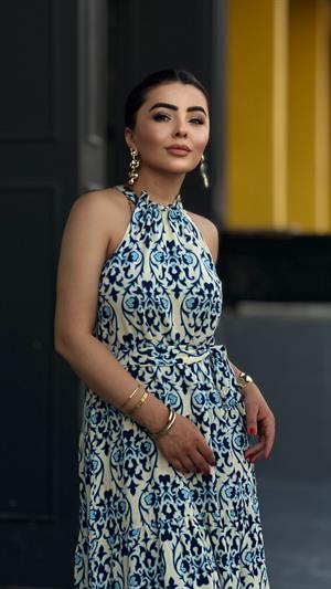 Linen Patterned Dress with Lace-Up Neckline