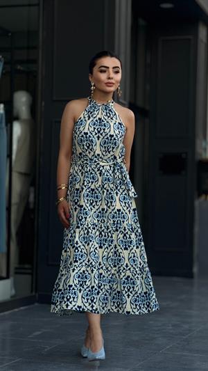 Linen Patterned Dress with Lace-Up Neckline