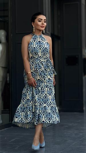 Linen Patterned Dress with Lace-Up Neckline