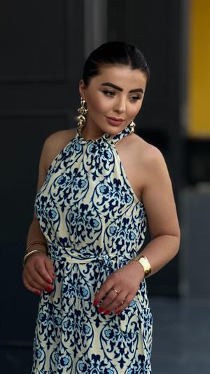 Linen Patterned Dress with Lace-Up Neckline